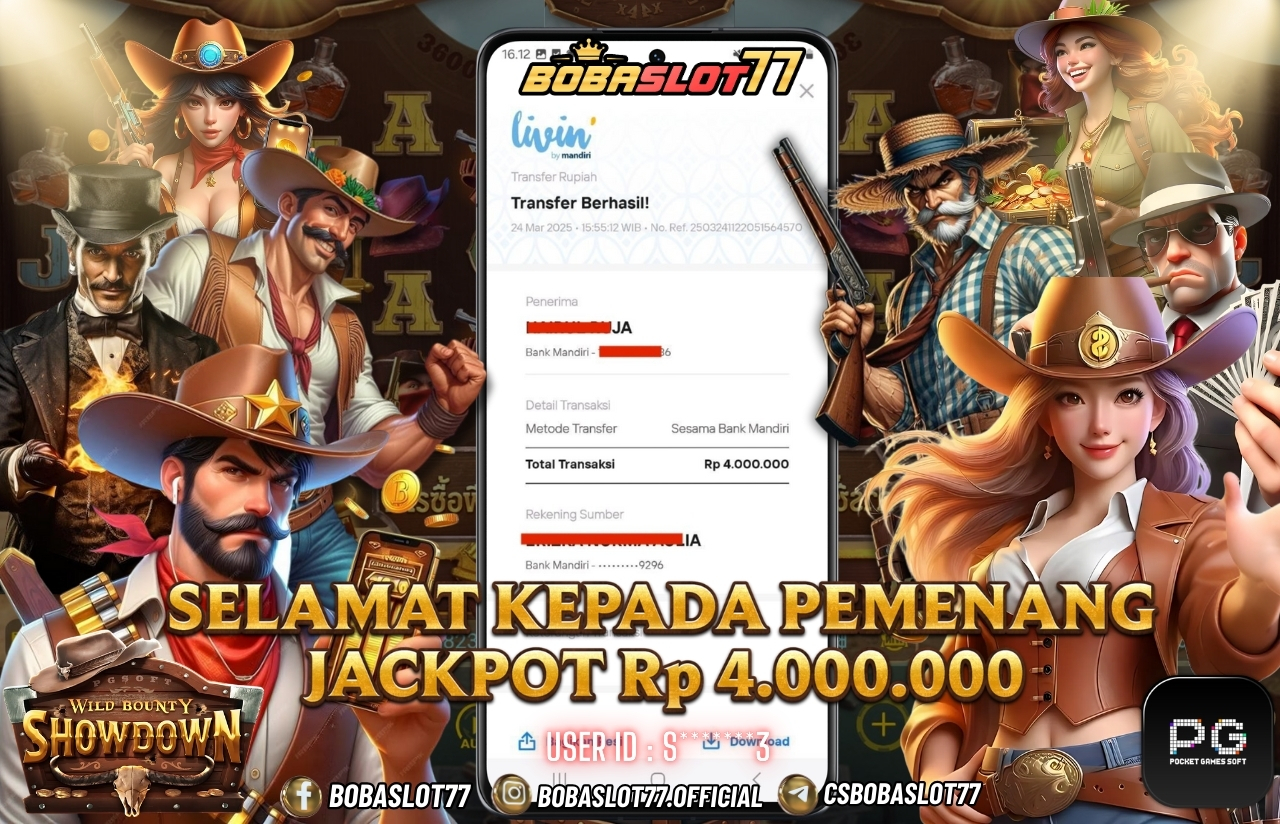 Selamat kepada id : S*******3 Wede Rp 4.000.000 di Game WILD BOUNTY SHOWDOWN PG SOFT Cair Gk Sampe 1 Menit! Menang Mudah di Bobaslot77